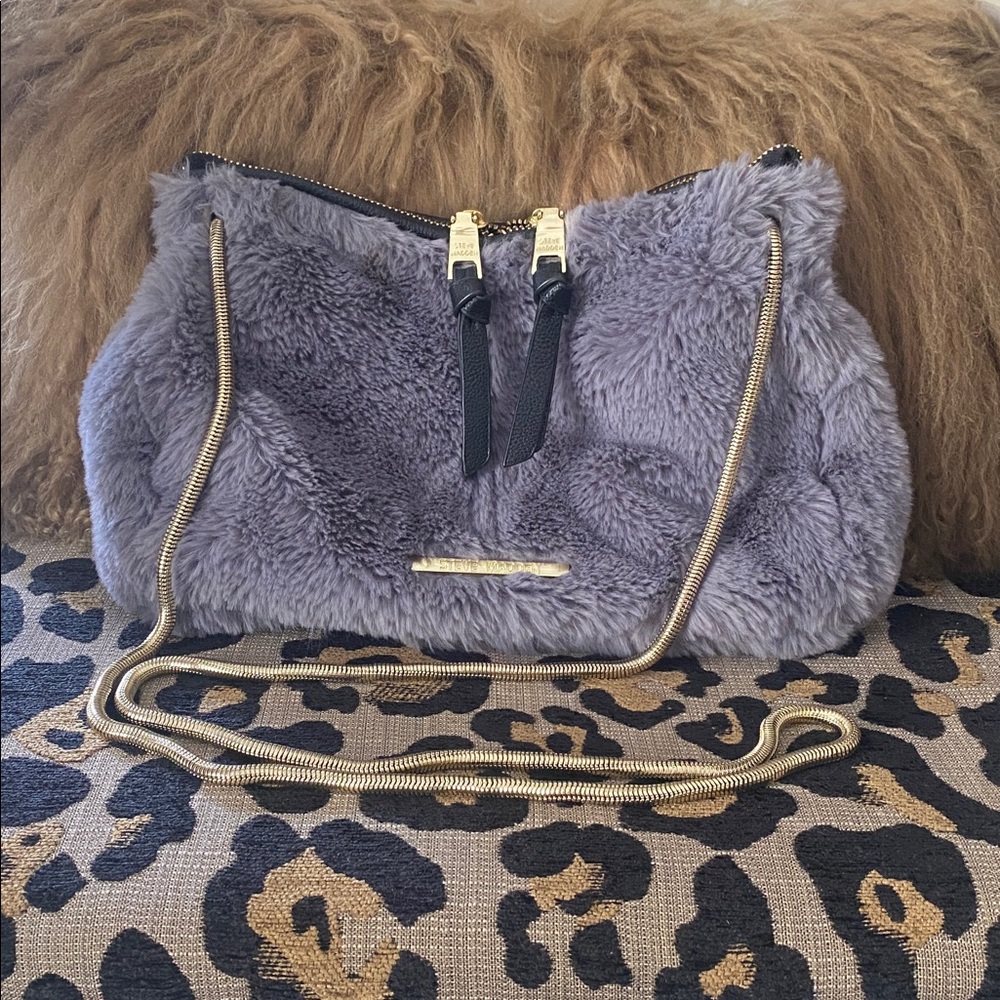 Steve Madden fur crossbody bag with gold serpentine chain